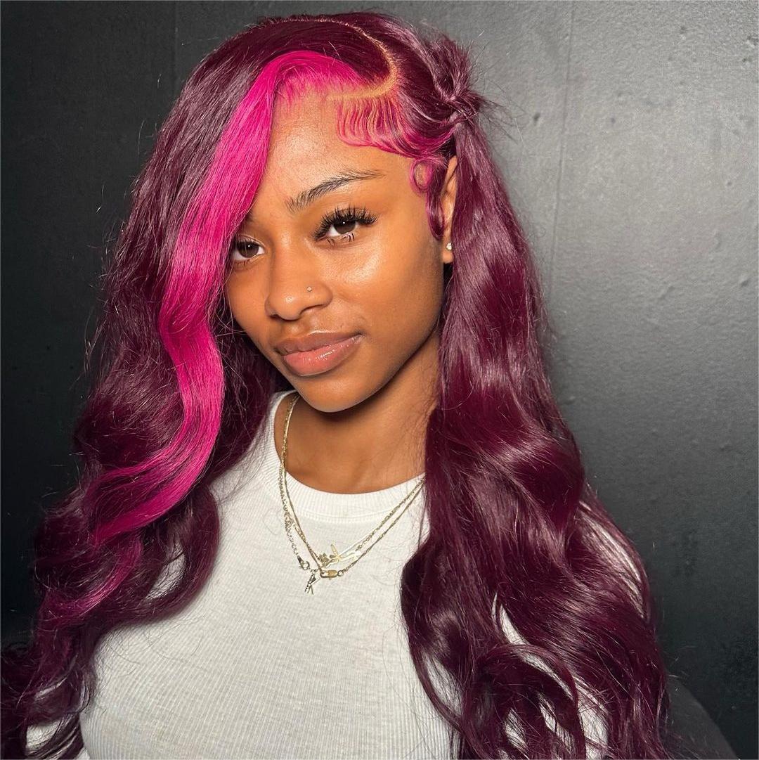 13x4/13x6 Lace Front Side Part Highlight Money Piece Pink Purple Human Hair Wig Hd Transparent Lace Body Wave Wig