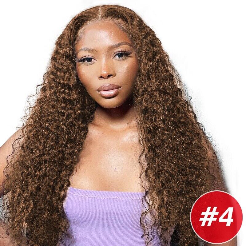 Megalook #4 Chestnut Brown Color Water Wave Human Hair Wigs Transparent Lace Front Wig