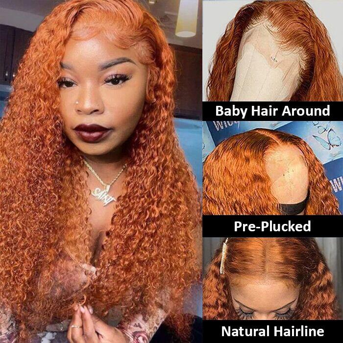 Megalook Ginger Orange Color Deep Curly / Water Wave Lace Frontal Wig 13x4 HD Transparent Lace Wigs