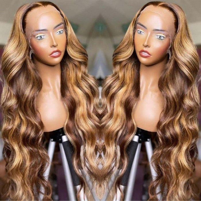 (Super Deal)210% Density Honey Blonde Piano Highlights Transparent Lace Human Hair Wigs Free Part 13x4/5x5 Body Wave Wig