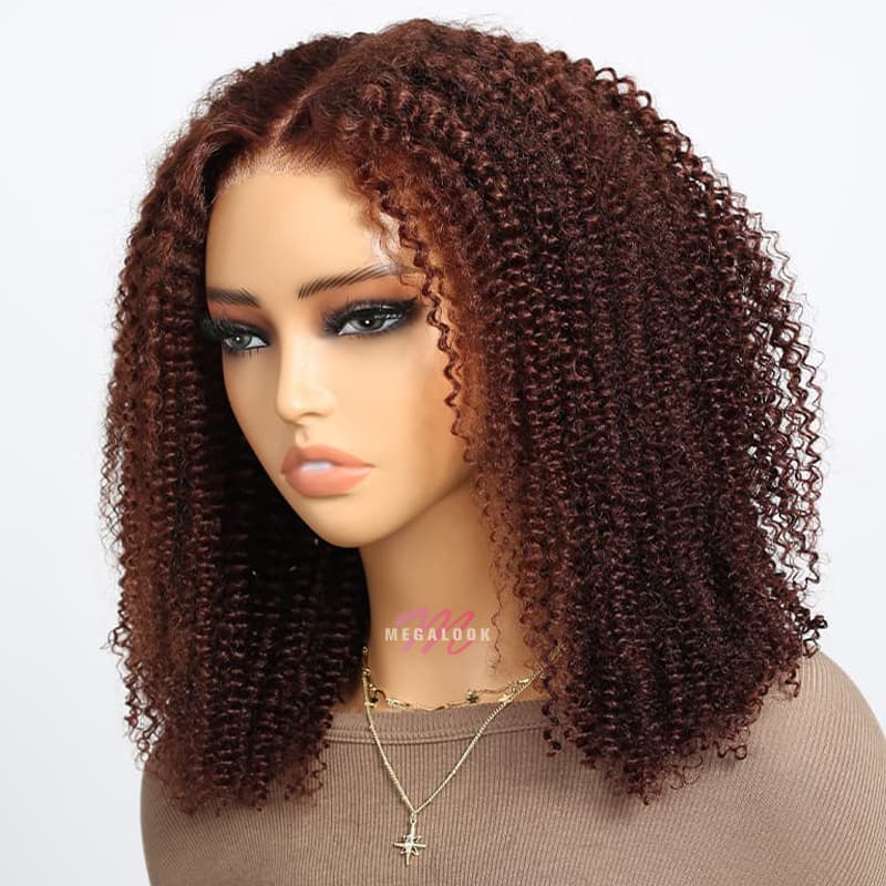 16inch Short Cut Bob Reddish Brown Afro Kinky Curly 5X6  Glueless Lace Human Hair Wigs Copper Red Colored Wigs