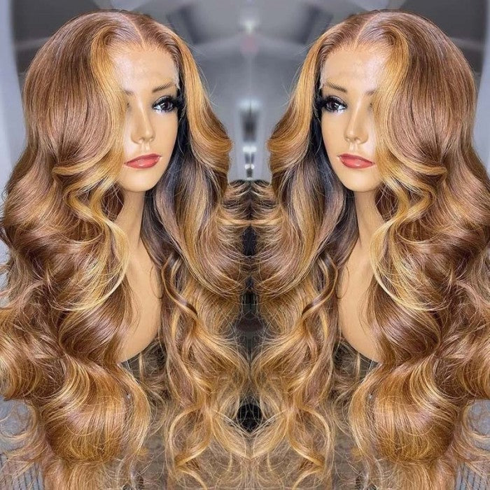 (Super Deal)210% Density Honey Blonde Piano Highlights Transparent Lace Human Hair Wigs Free Part 13x4/5x5 Body Wave Wig