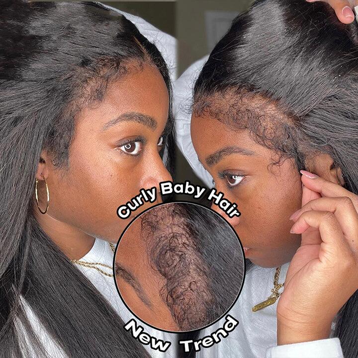 Glueless Straight 4X4/13x4 Lace Front Wig With Realistic Curly Edges Kinky Baby Hair