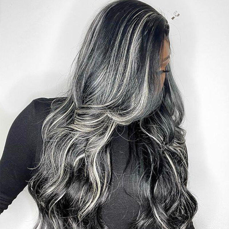Megalook Platinum Blonde Highlights Straight Human Hair Wigs Long 32inch 13x4 Body Wave /Straight Lace Front Wig Black Wig with #613 Blonde Highlight