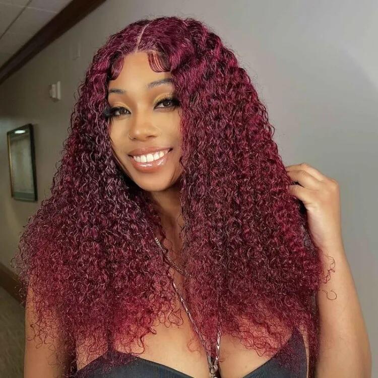 #99J Colored Jerry Curly Burgundy Color Wig 5x5/13x4 Hd Lace Transparent Human Hair Wig