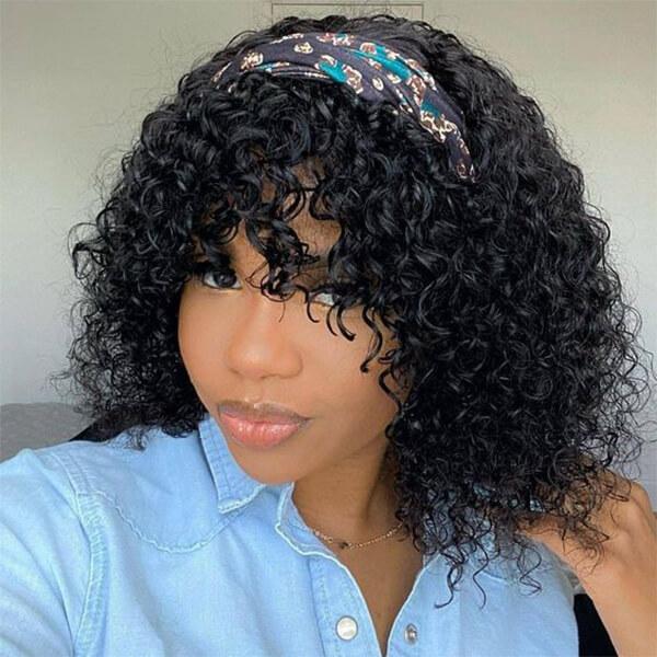 Headband Wig With Bangs Glueless Non Lace Wig Curly Headband With Bang For Black Women