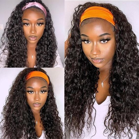 (Super Deal)18-22 inch Headband Wig Non-Lace Glueless Water Wave Natural Black 100% Human Hair Wig Easy wear