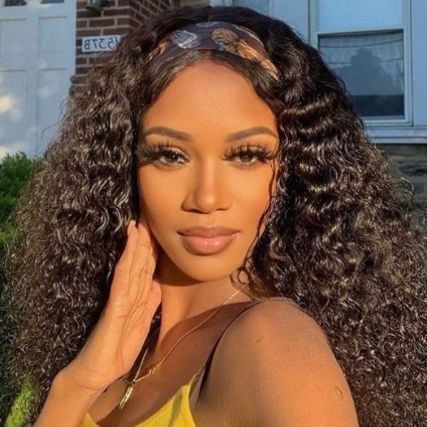 (Super Deal)18-22 inch Headband Wig Non-Lace Glueless Water Wave Natural Black 100% Human Hair Wig Easy wear