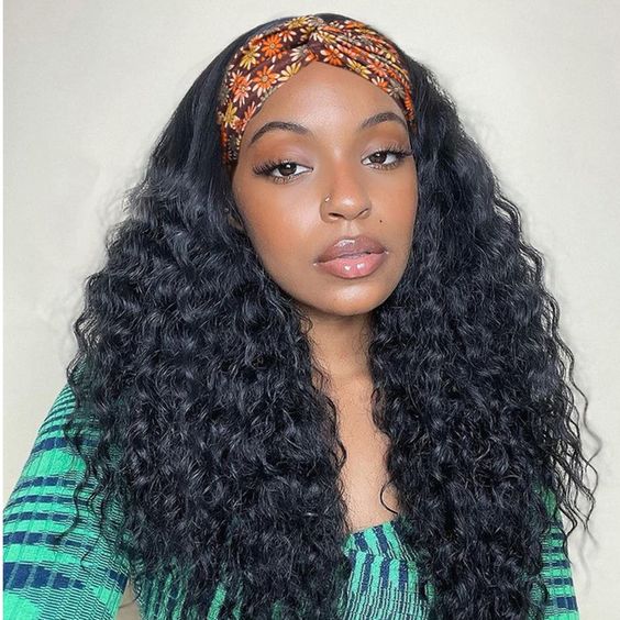 (Super Deal)18-22 inch Headband Wig Non-Lace Glueless Water Wave Natural Black 100% Human Hair Wig Easy wear