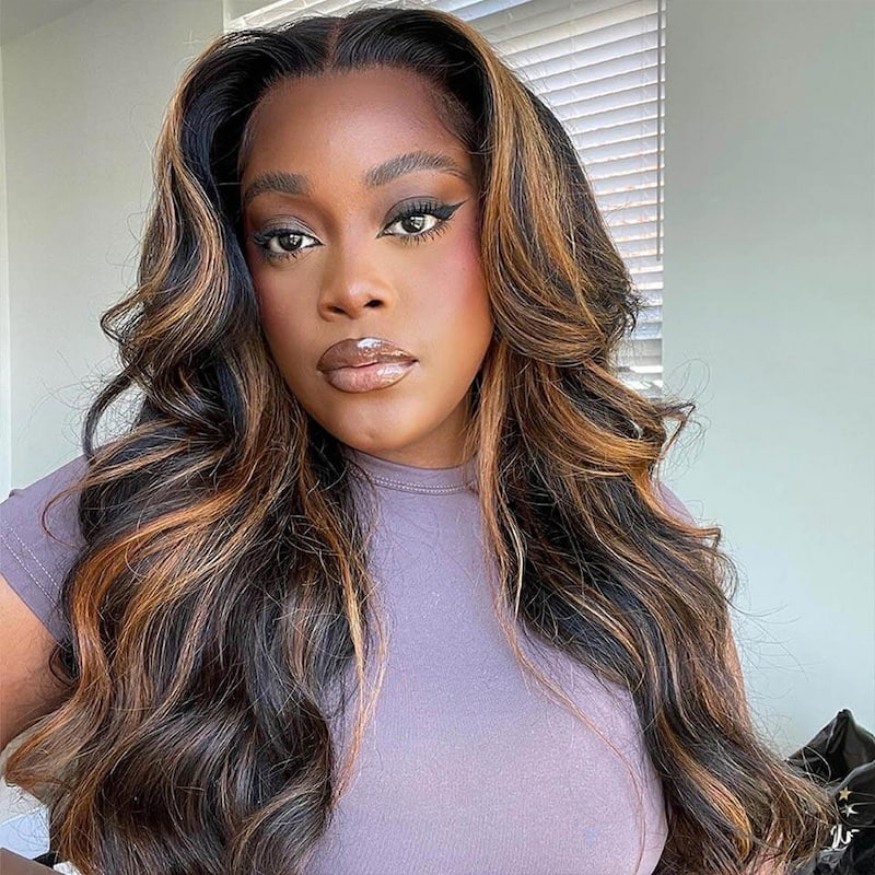 $100 OFF Code: MS100 |  Long 26 28 inch Highlight P1B/30 Body Wave 4X4 Lace Closure Wigs 210% Density