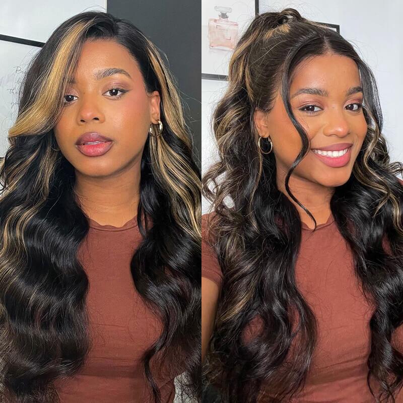 $100 OFF Code: MS100 |  Long 26 28 inch Highlight P1B/30 Body Wave 4X4 Lace Closure Wigs 210% Density