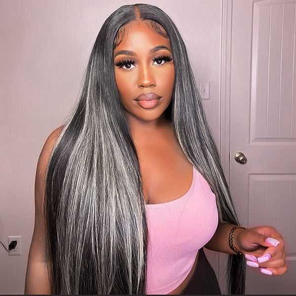 Megalook Platinum Blonde Highlights Straight Human Hair Wigs Long 32inch 13x4 Body Wave /Straight Lace Front Wig Black Wig with #613 Blonde Highlight