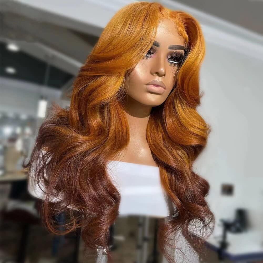 High 210% Density New Arrival Long Orange Ombre #4 Blonde Body Wave Human Hair Wigs Ombre Colored Fall Trend Wigs