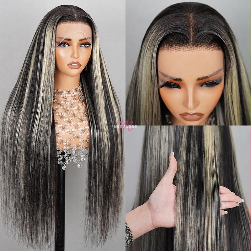 Megalook Platinum Blonde Highlights Straight Human Hair Wigs Long 32inch 13x4 Body Wave /Straight Lace Front Wig Black Wig with #613 Blonde Highlight