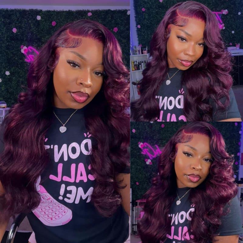 Hot&Pop Trendy Dark Purple Plum Colored 13x4 Lace Front Silky Straight/Body Wave Wig