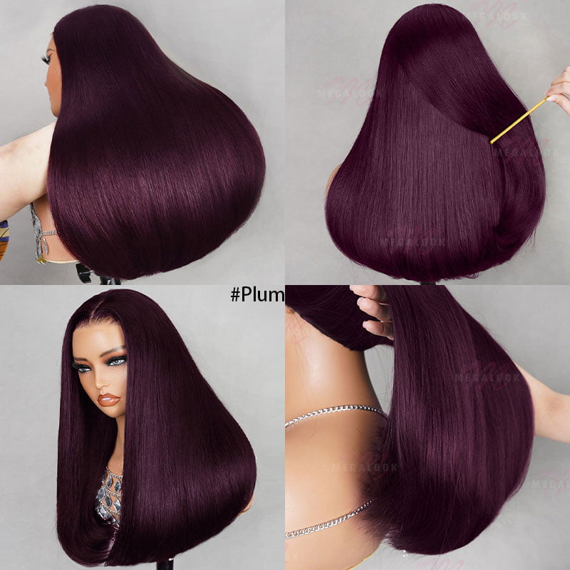 (Super Deal)Megalook Salon-Quality Luxurious Glueless 6X5 HD Lace Wig Silky Straight Dark Burgundy/ Ginger Pink Colored Double Drawn Wig