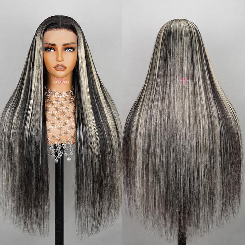 Megalook Platinum Blonde Highlights Straight Human Hair Wigs Long 32inch 13x4 Body Wave /Straight Lace Front Wig Black Wig with #613 Blonde Highlight