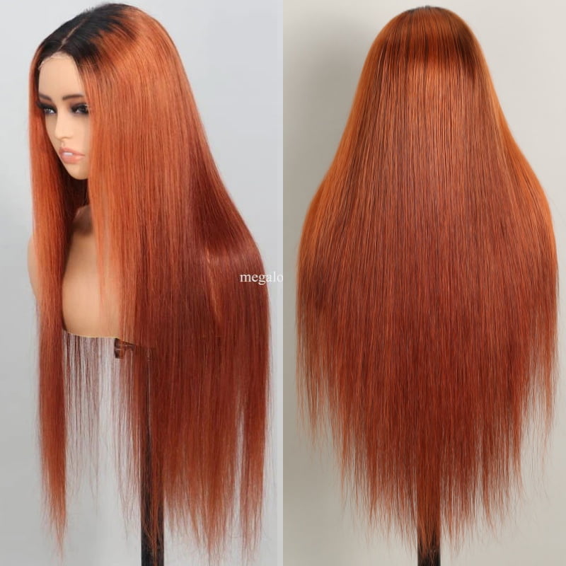 Megalook 6x5 Lace Closure Red Brown Auburn Color with Black Roots Straight Wigs  Wear Go Wigs