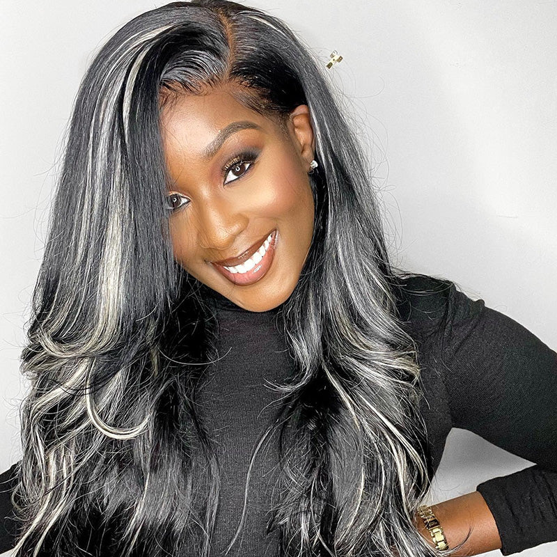 Megalook Platinum Blonde Highlights Straight Human Hair Wigs Long 32inch 13x4 Body Wave /Straight Lace Front Wig Black Wig with #613 Blonde Highlight