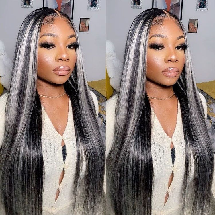 Megalook Platinum Blonde Highlights Straight Human Hair Wigs Long 32inch 13x4 Body Wave /Straight Lace Front Wig Black Wig with #613 Blonde Highlight