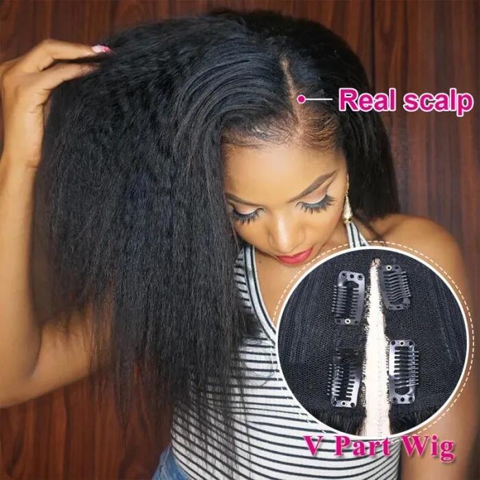 210% Density Thin V Part Wigs Glueless Kinky Straight Human Hair V Part Wig No Leave Out