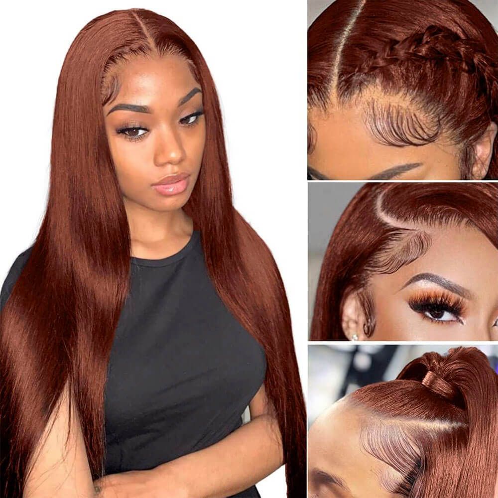 (Super Sale) New #33 Red Brown Auburn Color Straight Human Hair Wig HD Lace 4X4 Lace Wigs
