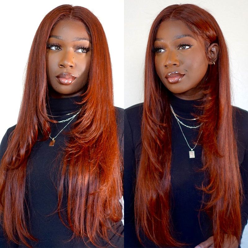 (Super Sale) New #33 Red Brown Auburn Color Straight Human Hair Wig HD Lace 4X4 Lace Wigs