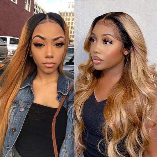 Megalook Transparent Straight/Body Wave Human Hair Wig 4x4 Lace Closure Ombre Color 1b/27 1b/30 Wig 180% Density