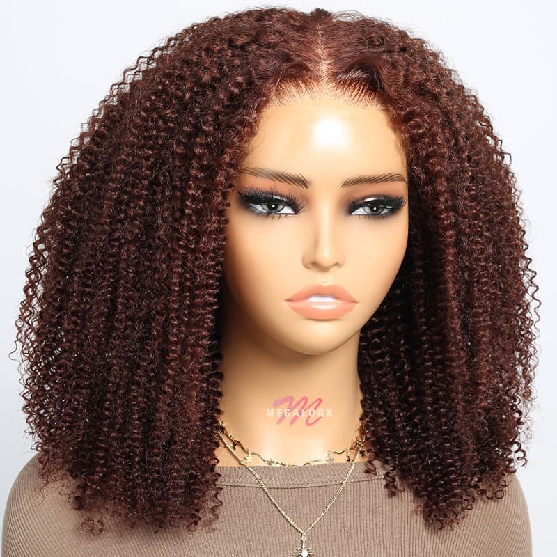 16inch Short Cut Bob Reddish Brown Afro Kinky Curly 5X6  Glueless Lace Human Hair Wigs Copper Red Colored Wigs