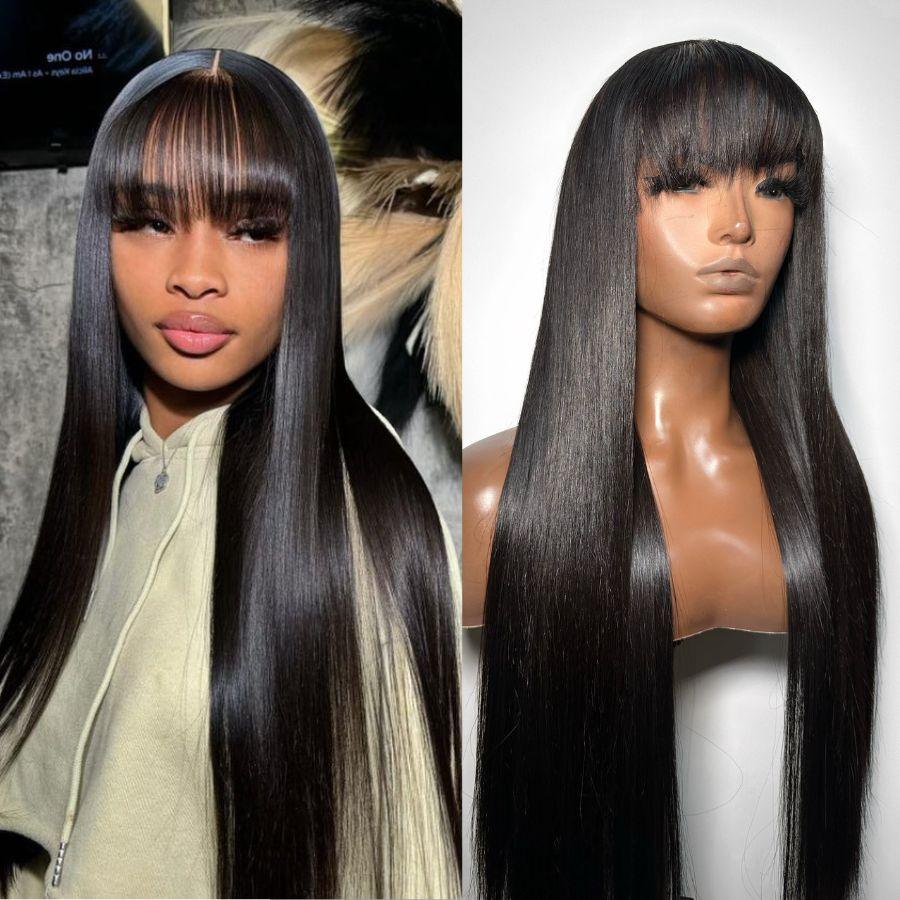 WOWANGEL Straight Bangs Wig Pre-Everything 9X6 Wear Go Glueless Wigs